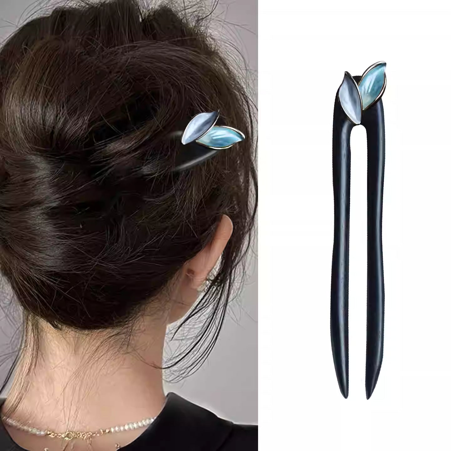 Ebony Wood  U-Shaped  Leaf Hairpin- Handmade Luxury  Hair Stick