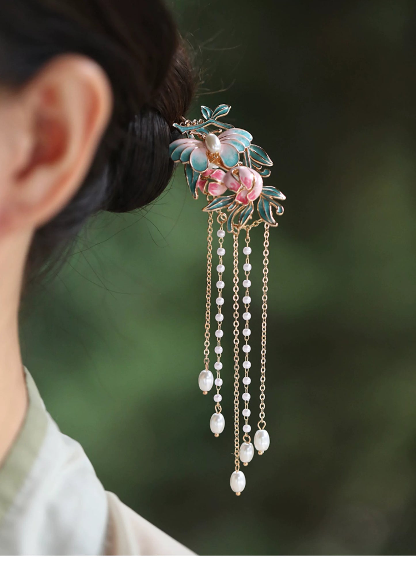 Butterfly  Floral Pearl Tassel Hairpin – New Chinese Style Enamel Buyao Hair Accessory for Hanfu  Mamian Skirt