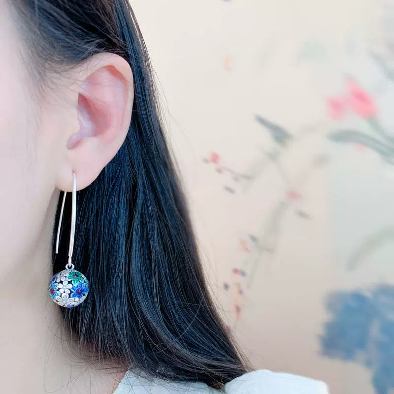 New Chinese Style Enamel Hydrangea Tassel Earrings | 925 Sterling Silver Vintage Floral Dangle Earrings