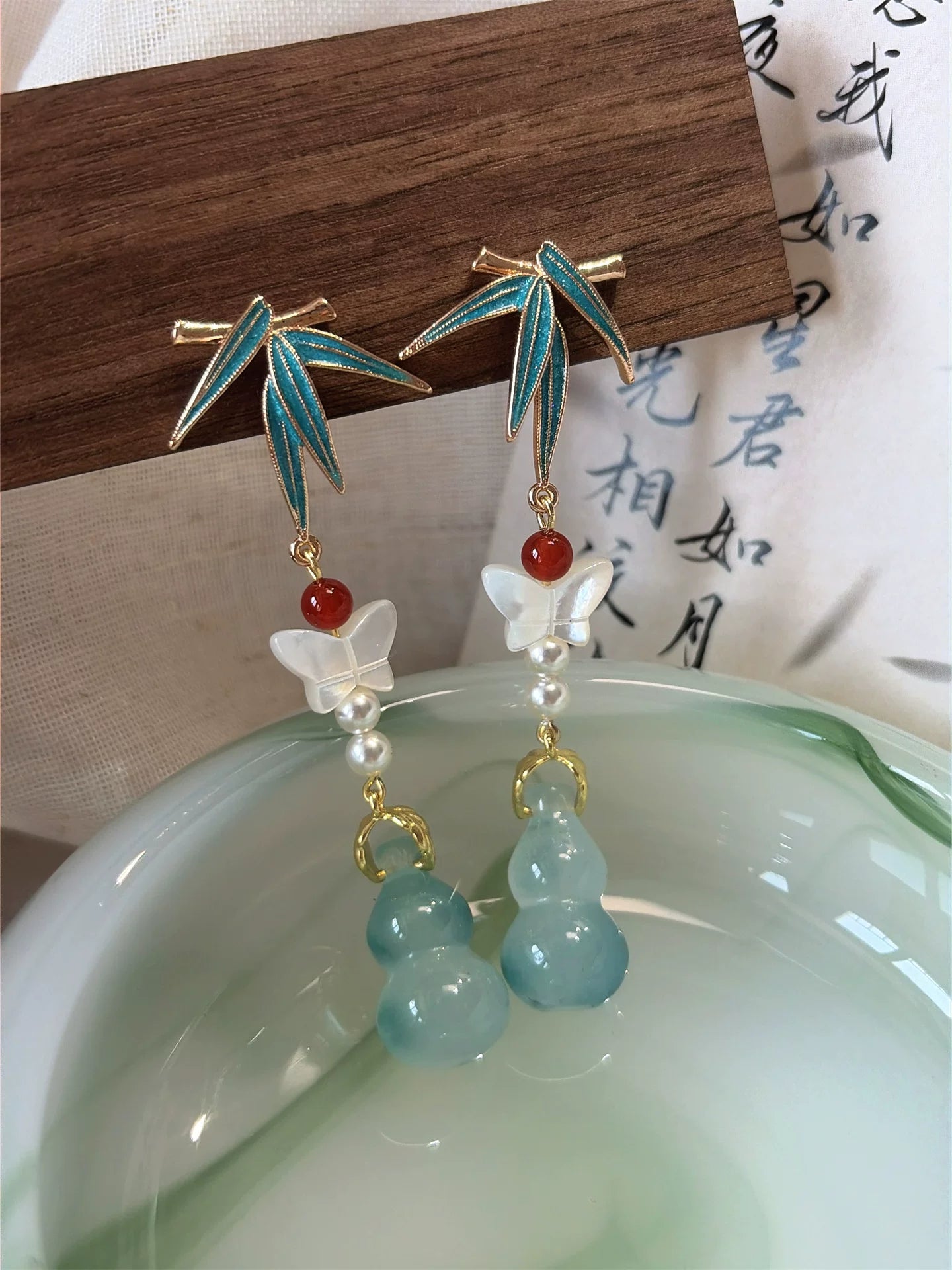 Mother-of-Pearl Butterfly & Blue Gourd Tassel Earrings – Elegant Handcrafted Statement Earrings for Women