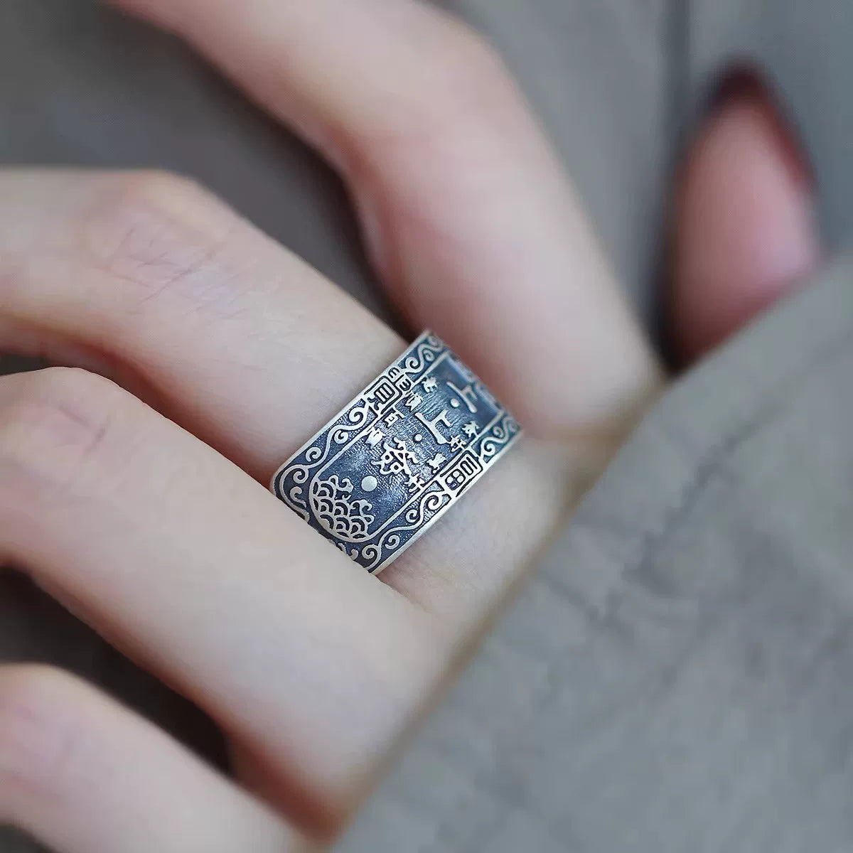 Oriental Lucky Symbol Ring – 925 Silver Vintage Engraved Open Ring for Women and Men