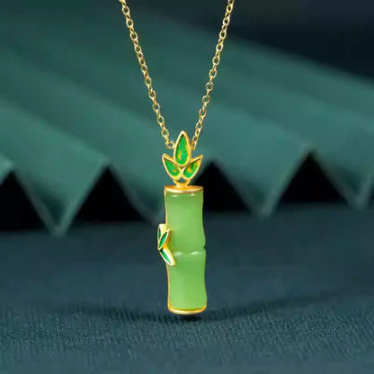 Original Chinese Style Hetian Jade Bamboo Pendant with Gold Enamel – 36×9mm, 4.3g, White & Green, Versatile Collarbone Necklace for Women