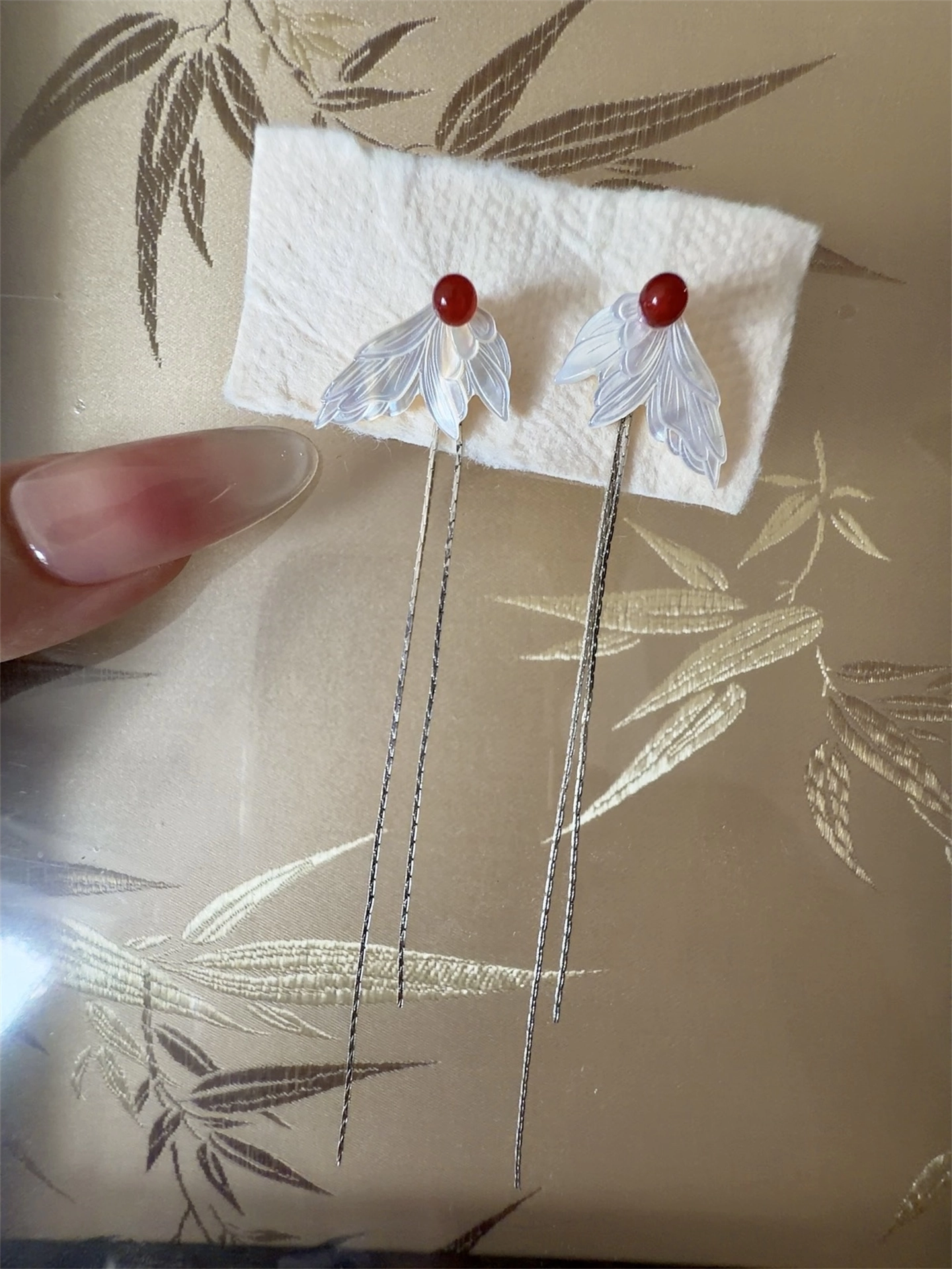 White Mother-of-Pearl Butterfly Wing Tassel Earrings