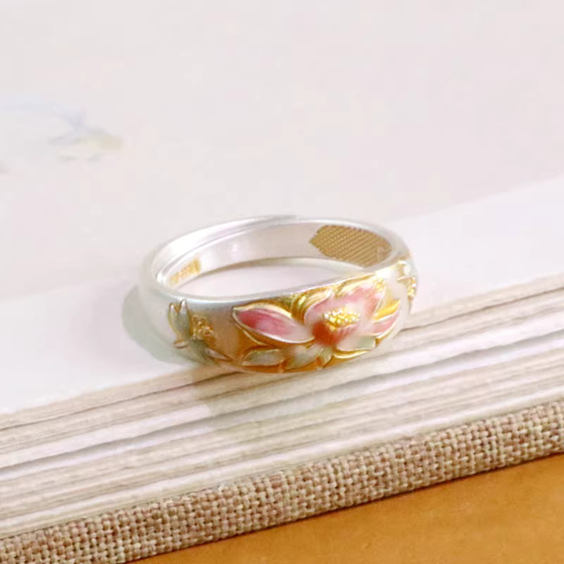 Fine Silver Lotus Flower Ring – Adjustable Open Ring with Colorful Enamel and Gold Trim