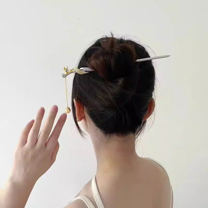 New Chinese Style Lucky Fox Hairpin – Handmade Luxury Fox Hair Stick with Pearls, Metal & Alloy