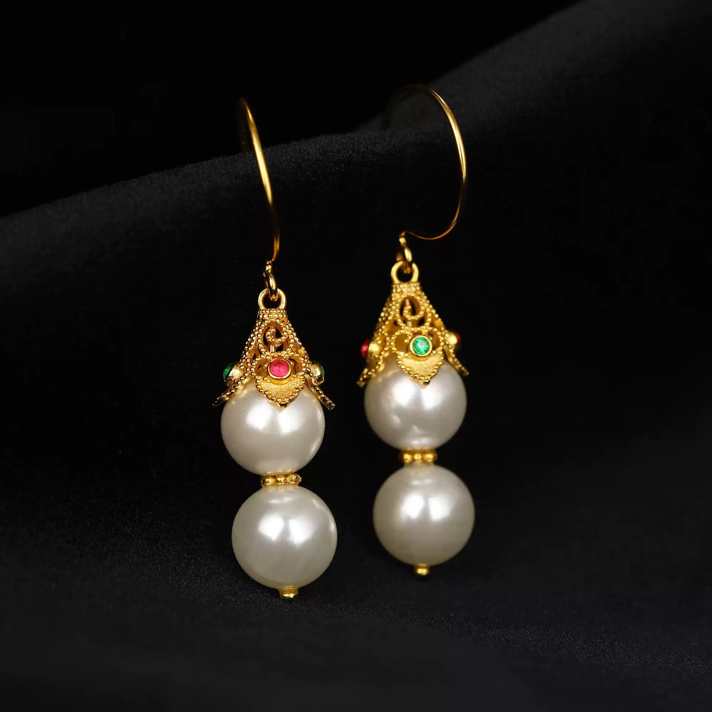 Ruyi Double Pearl Drop Earrings – New Chinese Style Filigree Gold-Plated S925 Silver Earrings