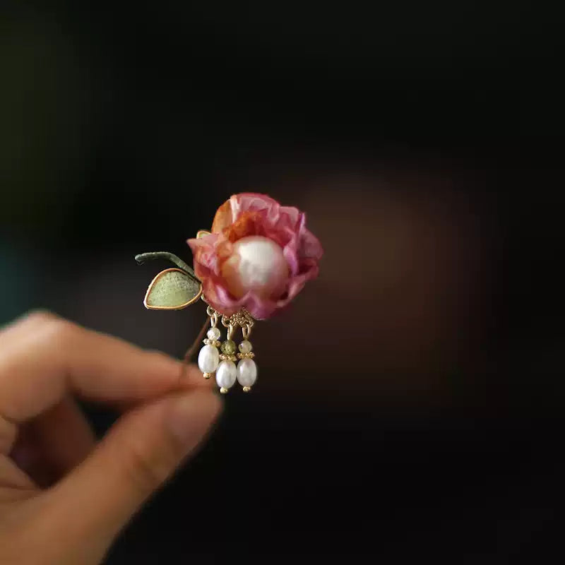 Handmade Silk Flower Pearl Tassel Chinese Hairpin - Traditional Hanfu Hair Accessory