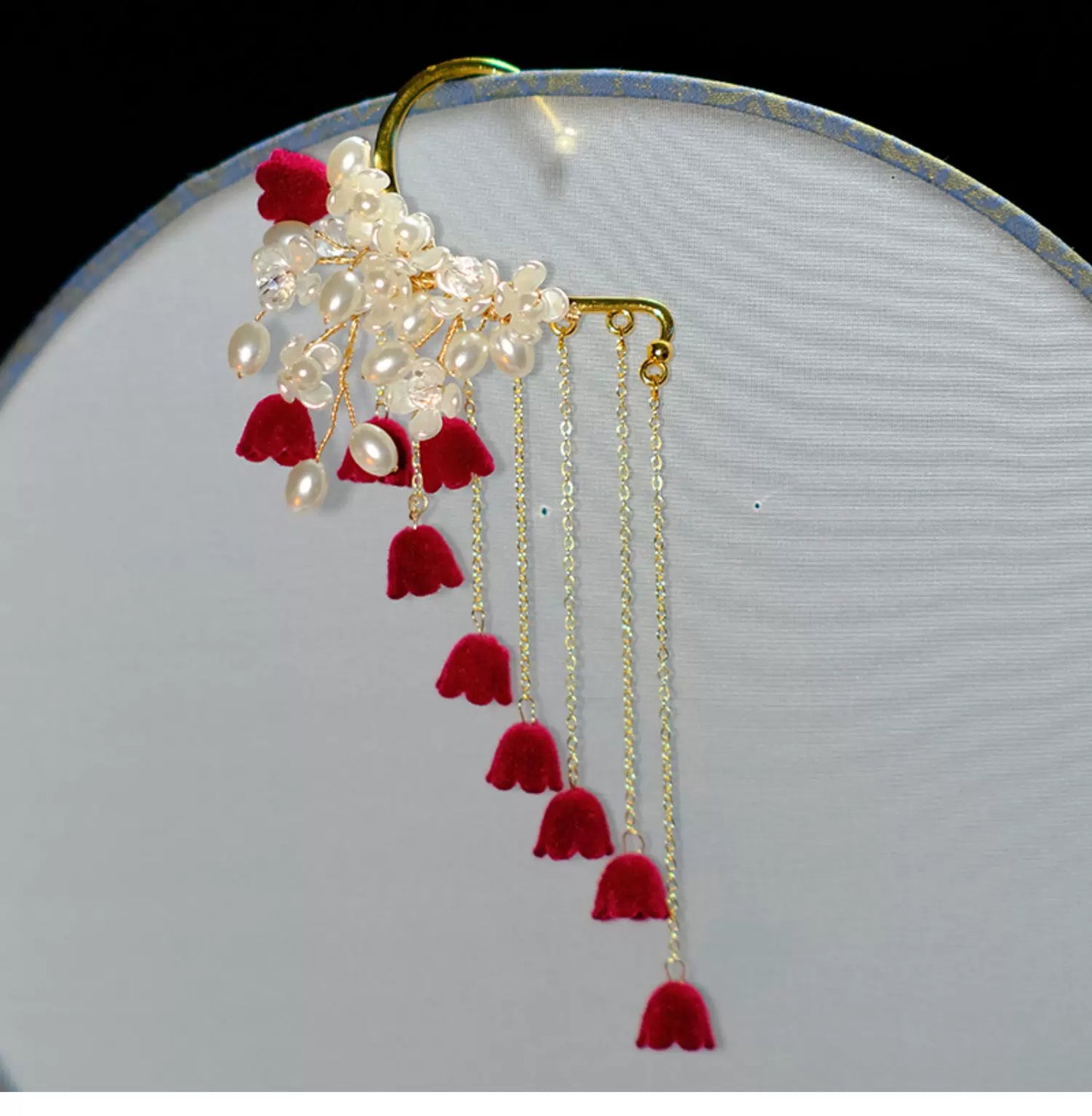 New Chinese Style Red Lily Earrings – Long Tassel Ear Clip for Hanfu and Qipao