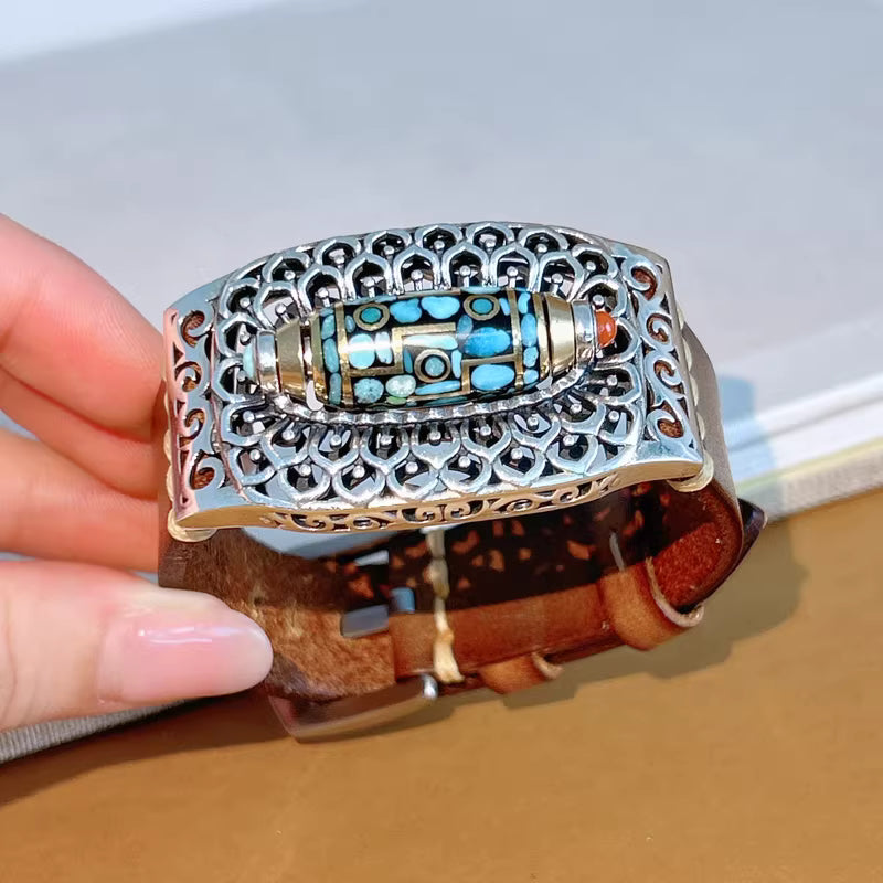 New Chinese Style Rotating Nine-Eyed Dzi Bead Bracelet with Green Turquoise Leather Strap – Unisex Lucky Design | 925 Sterling Silver