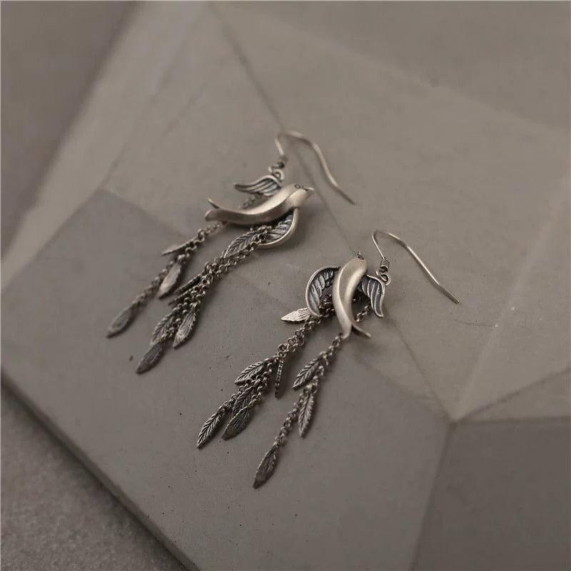 S925 Sterling Silver Swallow Leaf Tassel Earrings – New Chinese Style Vintage Dangle Earrings