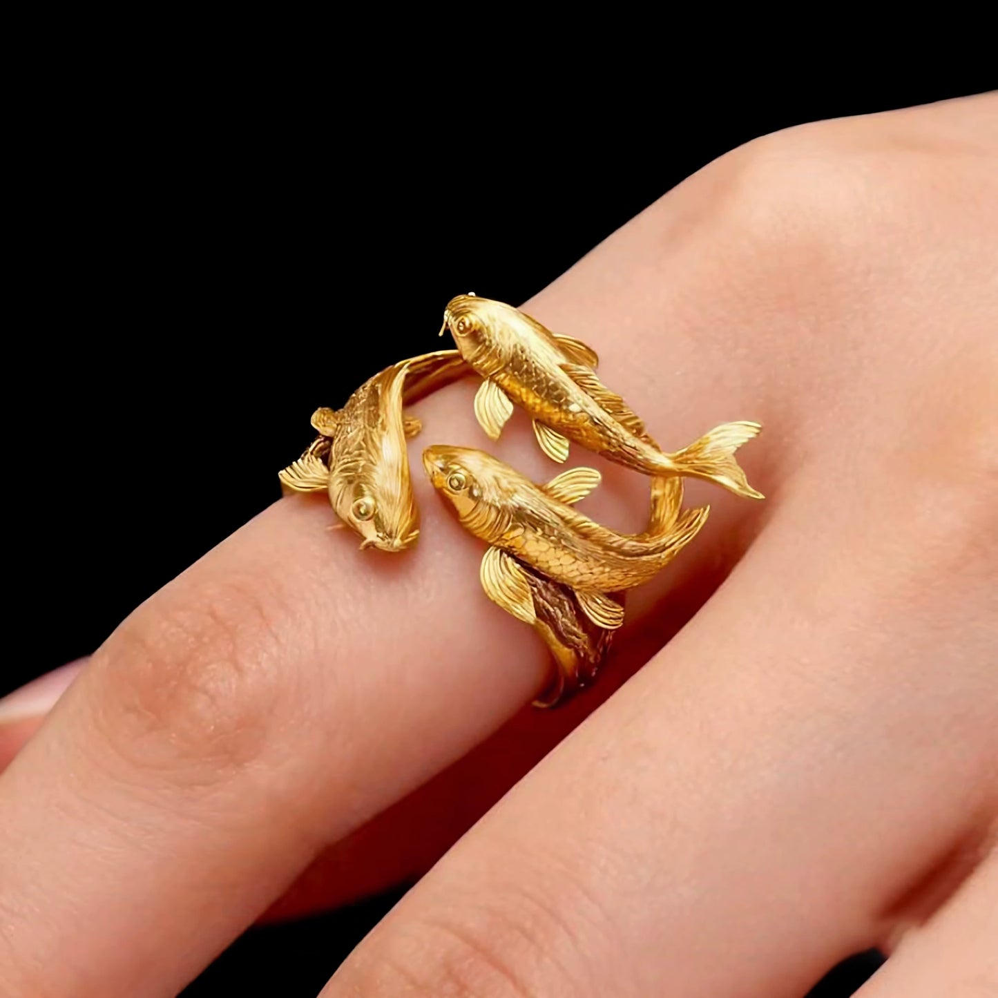 Gold-Plated Triple Koi Fish Ring – New Chinese Style Adjustable Fortune Ring for Women