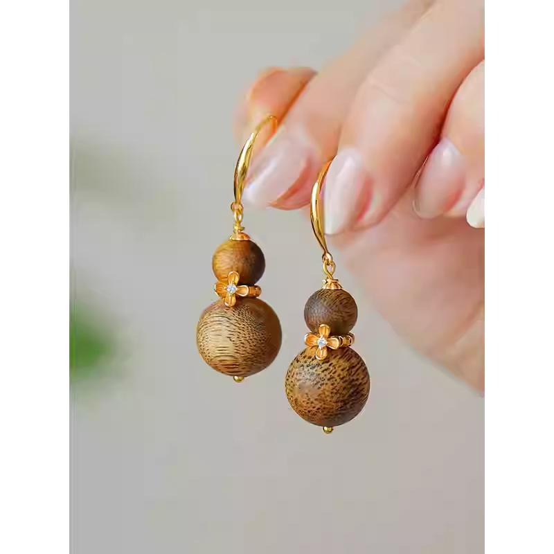 Natural Qi Nan Agarwood Small Gourd Earrings for Women – Alloy Hook, New Chinese Wooden Earrings