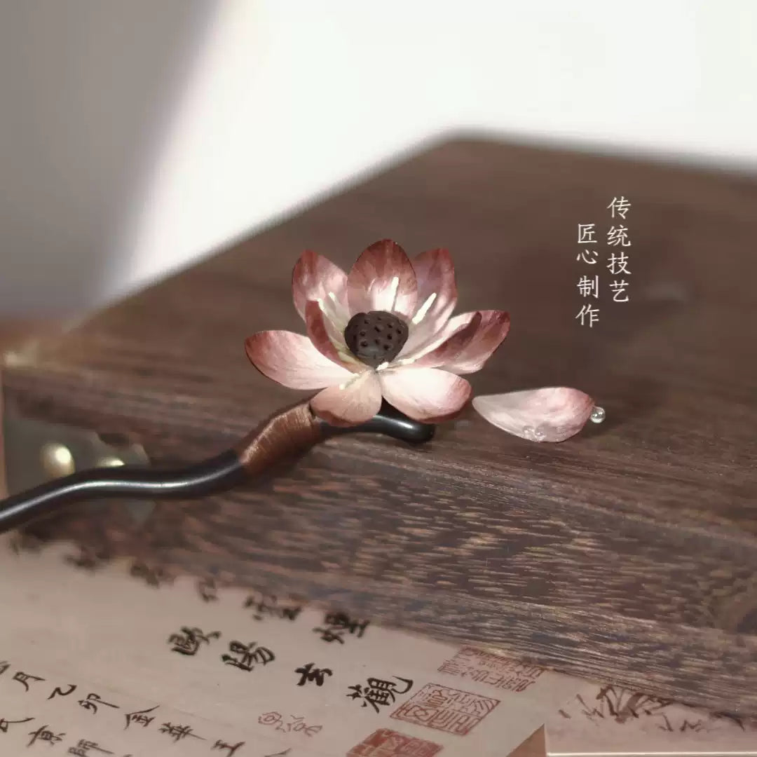 Elegant long hairpin crafted with silk thread, copper wire, and natural sandalwood for traditional bun styling and modern aesthetic fashion