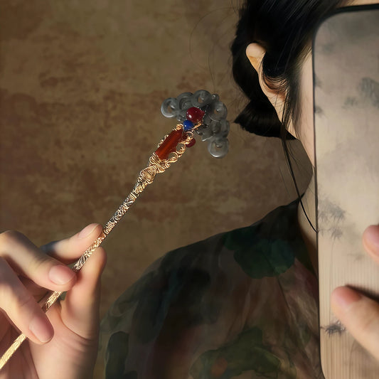 New Chinese Style Ruyi Faux Jade Metal Hairpin – Copper Alloy Ancient Hanfu Hair Accessory