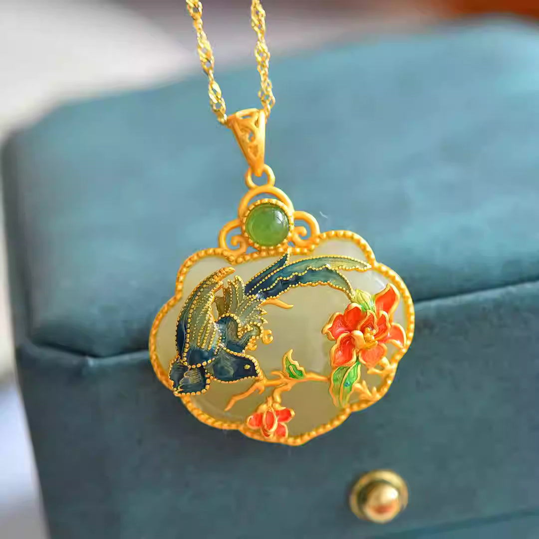 New Chinese Style S925 Gold-Plated Silver Hetian Jade Blue Enamel Magpie Ruyi Lock Pendant Necklace for Women