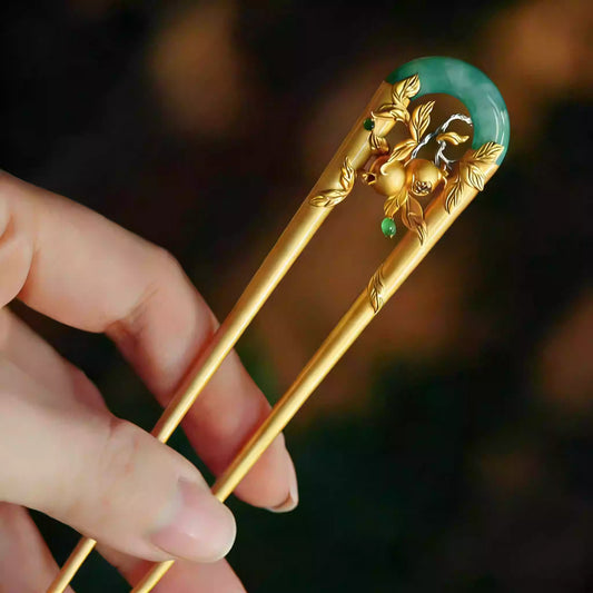 New Chinese Style Gold-Plated S925 Silver Pomegranate Jade U-Shaped Hairpin – Hanfu Qipao Ancient Fashion Accessory