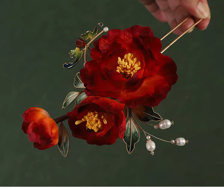 “Die Lian Hua” Red Peony Butterfly U-Shaped Hairpin | Handcrafted Velvet Flower, Hanfu & Qipao Wedding Hair Accessory