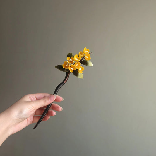 Osmanthus Hairpin | Silk Floral Hair Accessory with Sandalwood Stick for Hanfu & Qipao