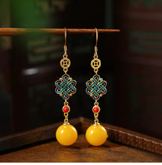 Traditional Chinese Amber-Look Jade Earrings – Gold Plated, Handmade Vintage Feng Shui Dangle Earrings for Women