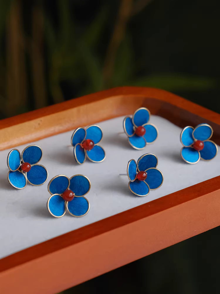 Handmade Blue Velvet Flower Stud Earrings – Intangible Cultural Heritage New Chinese Style Jewelry