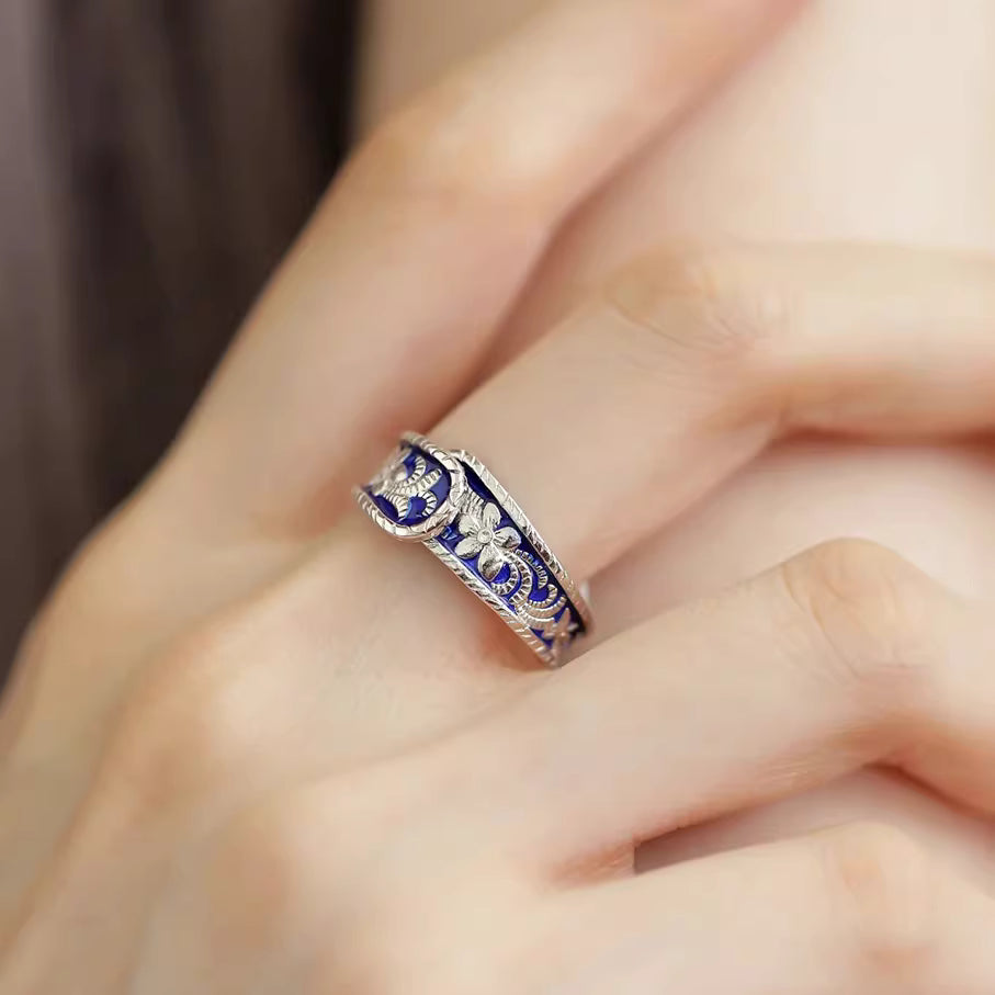 925 Silver Blue-and-White Porcelain Flower Ring – Vintage Chinese Style Open Adjustable Ring for Women