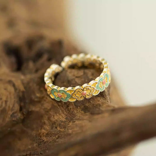 999 Fine Silver Ruyi Cloud & Butterfly Enamel Ring – New Chinese Style Adjustable Silver Ring with Gold Detailing