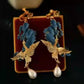 Chinese Cloisonné Crane Pearl Clip-On Earrings for Women – New Chinese Style Imperial Gold & Blue Qipao Accessory