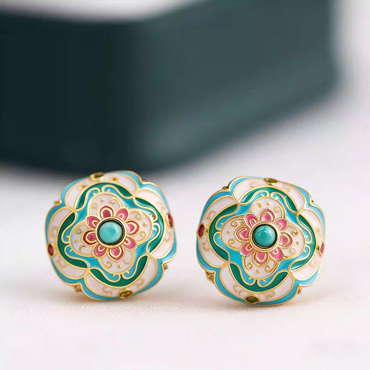 New Chinese Style Enamel Turquoise Stud Earrings – Vintage Guofeng Light Luxury Jewelry