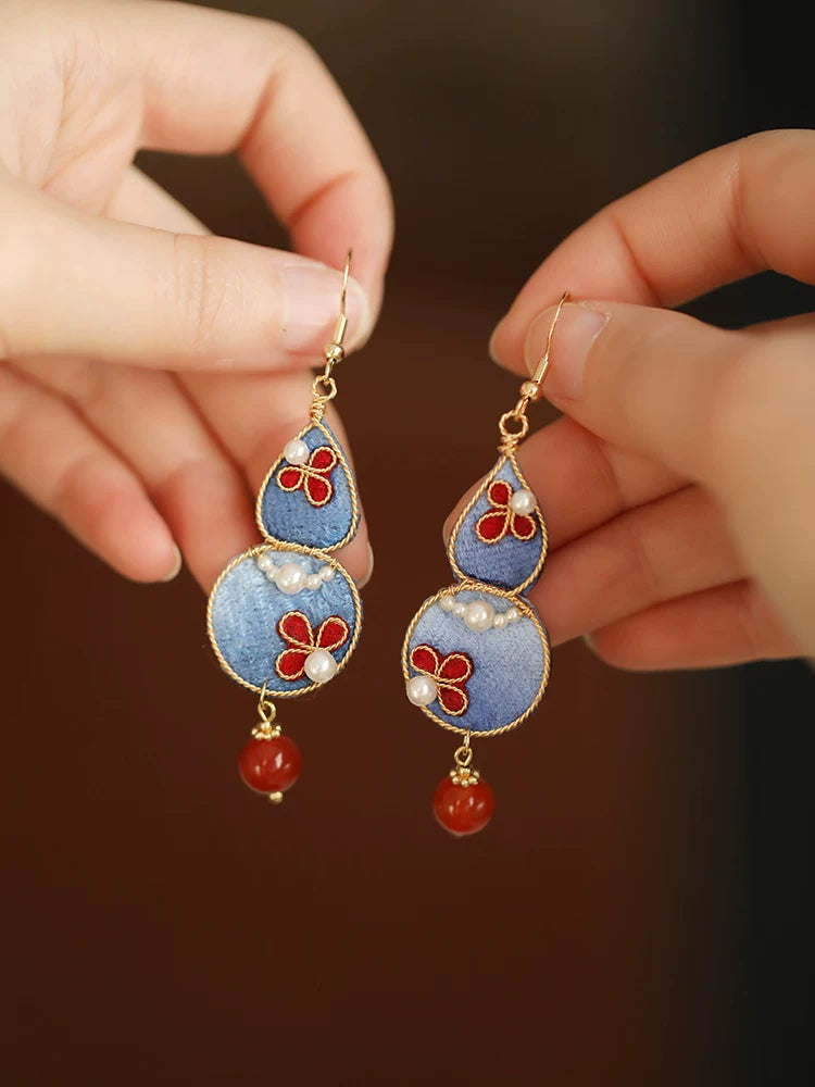 Elegant pearl embedded fabric gourd earrings retro Chinese aesthetic long drop earrings