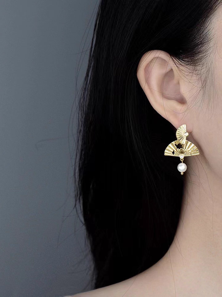 New Chinese Style Folding Fan Earrings – Faux Pearl Luxury Bridal Drop Earrings for Women