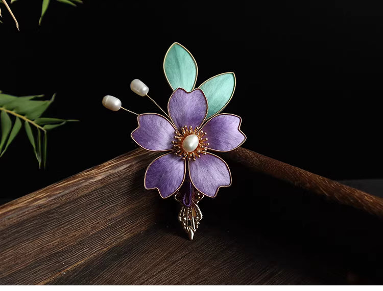 Handcrafted Blue & Purple Velvet Flower Side Hairpin | Chinese Hanfu & Qipao Hair Accessory, Alloy & Cloisonné Silk