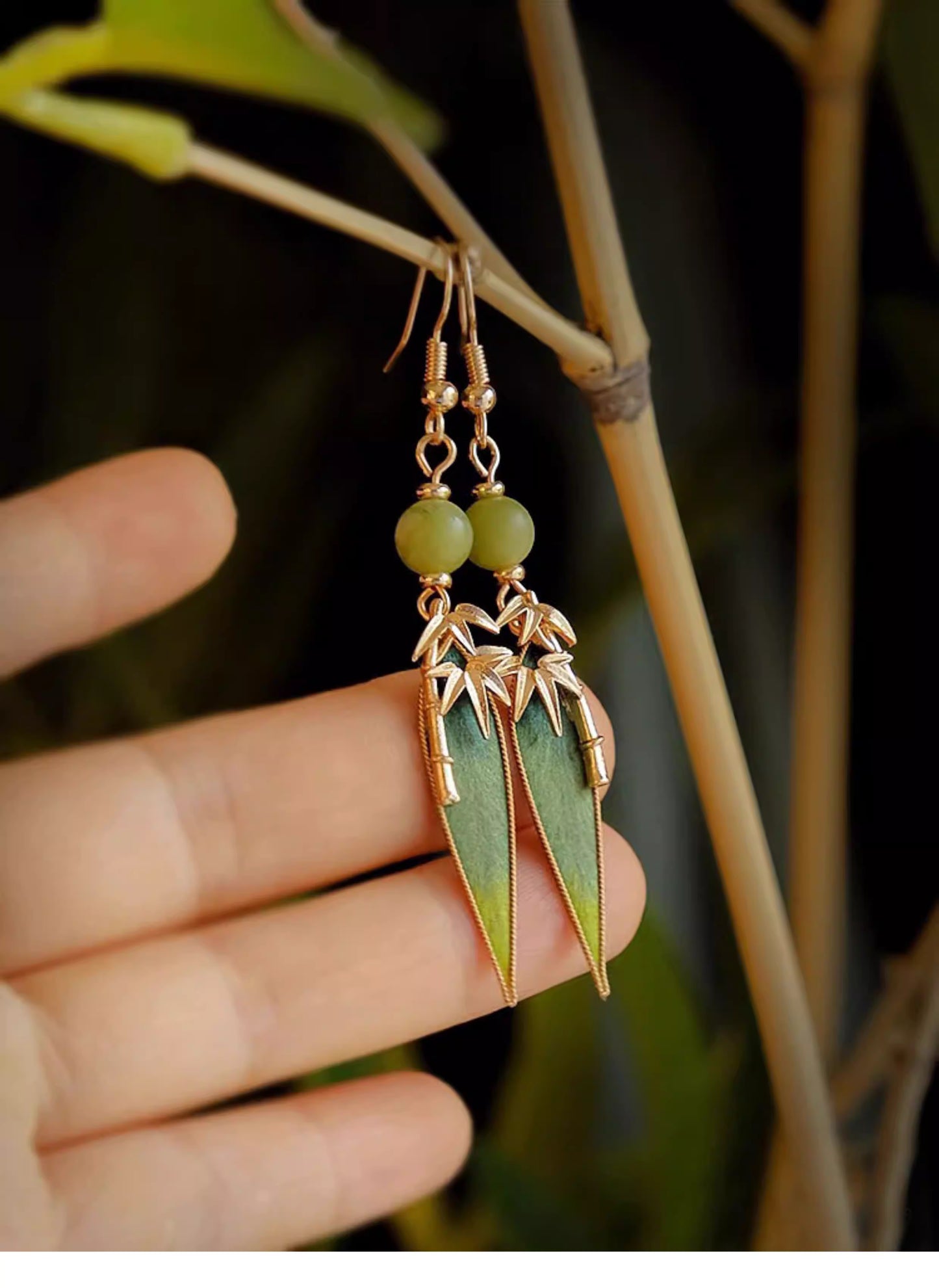 Handmade Intangible Heritage Cloisonné Velvet Bamboo Leaf Earrings with S925 Silver Hooks – New Chinese Style for Women