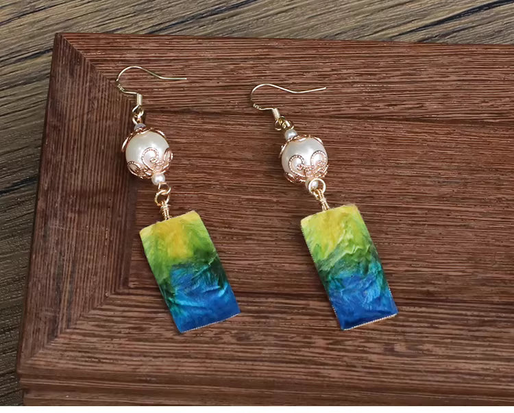 Handcrafted Peacock Blue Velvet Flower Pearl Earrings | Chinese Traditional Hanfu Style, Cloisonné Silk Art