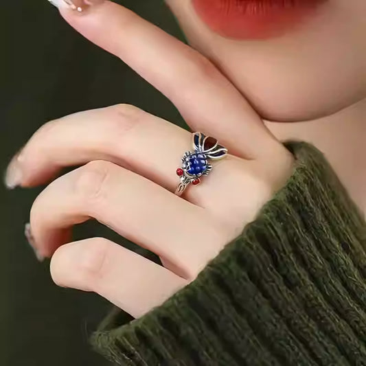 925 Sterling Silver Enamel Koi Fish Ring for Women – Adjustable New Chinese Style Blue Open Ring