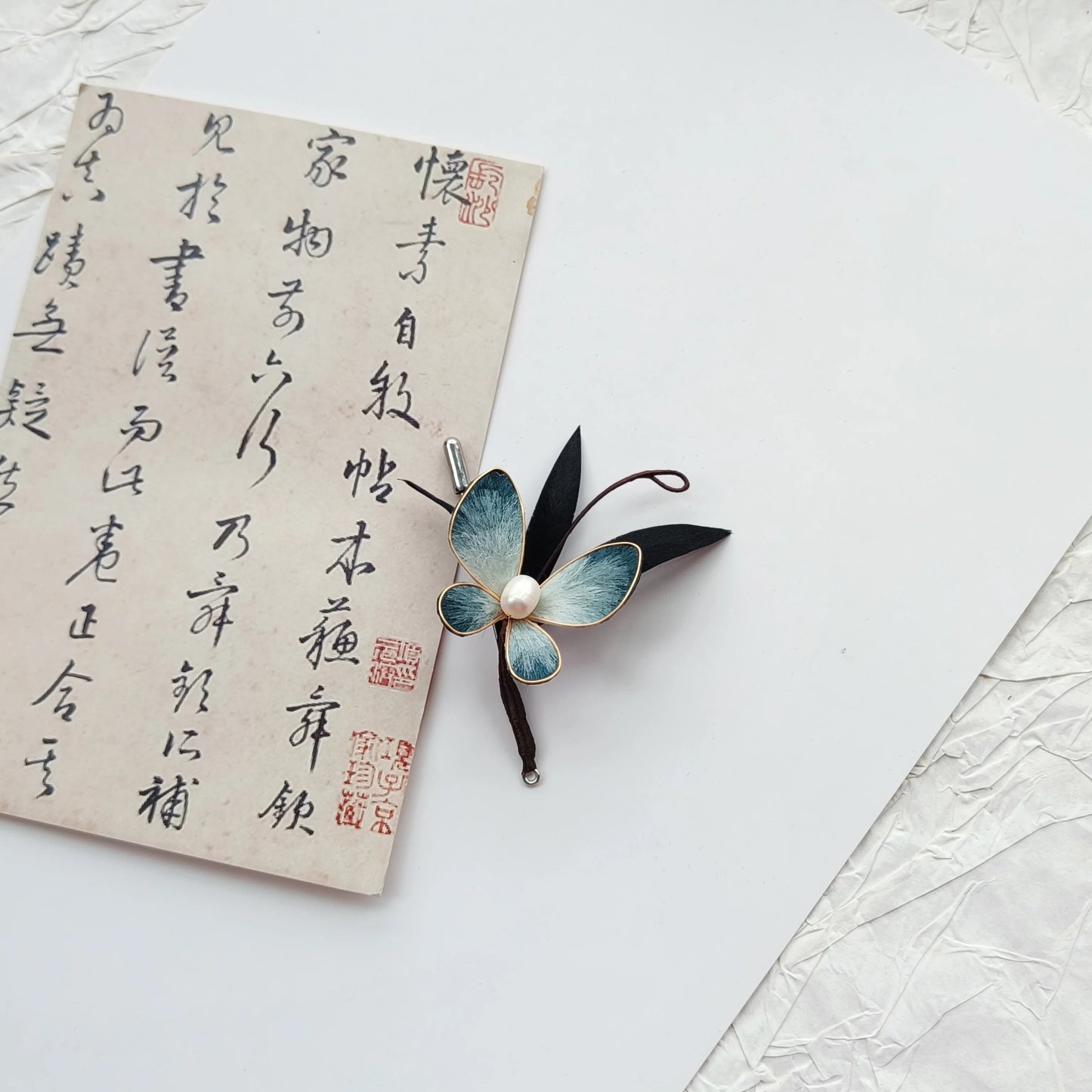 Twin Feathers Velvet Butterfly Brooch | Handmade Elegant Chinese Style Accessory