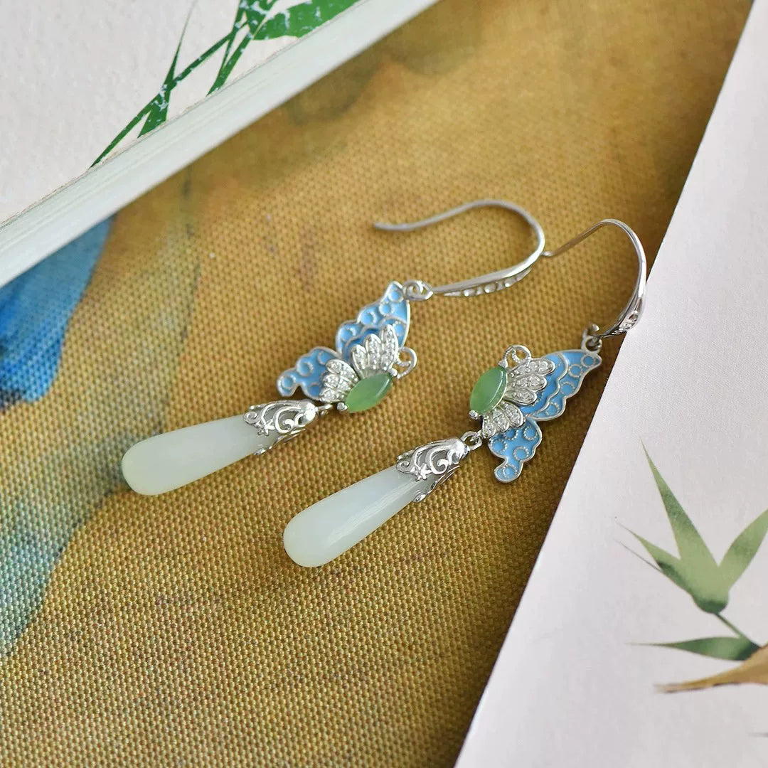925 Sterling Silver Blue Enamel Butterfly &amp; Hetian Jade Drop Earrings