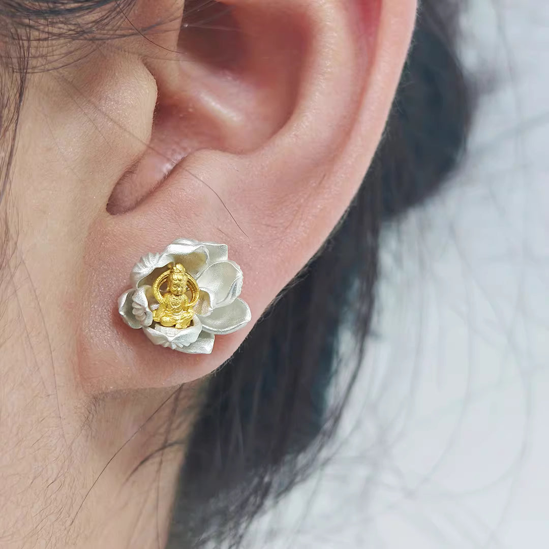 Blooming Buddha Stud Earrings – 12×13mm Handcrafted Silver or Gold-Plated, Original Design