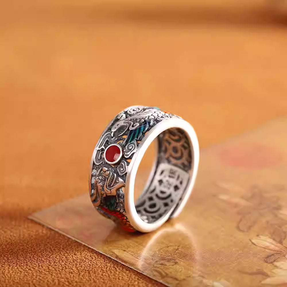 Vintage 990 Sterling Silver Dragon & Phoenix Open Ring – Handcrafted Cloisonné and South Red Agate Adjustable Ring