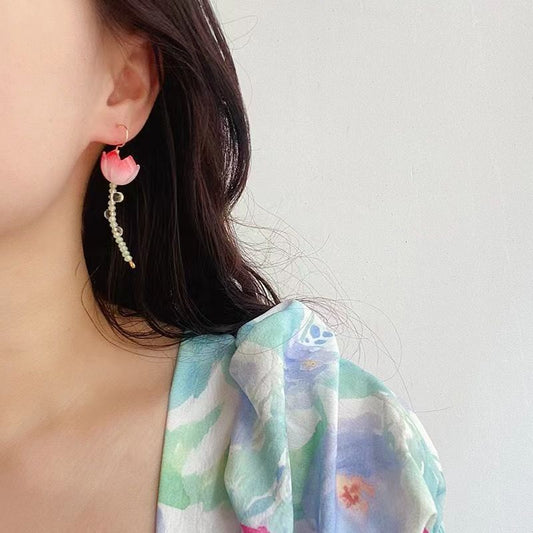 Pink Lotus Ice Dew Asymmetric Hanfu Earrings