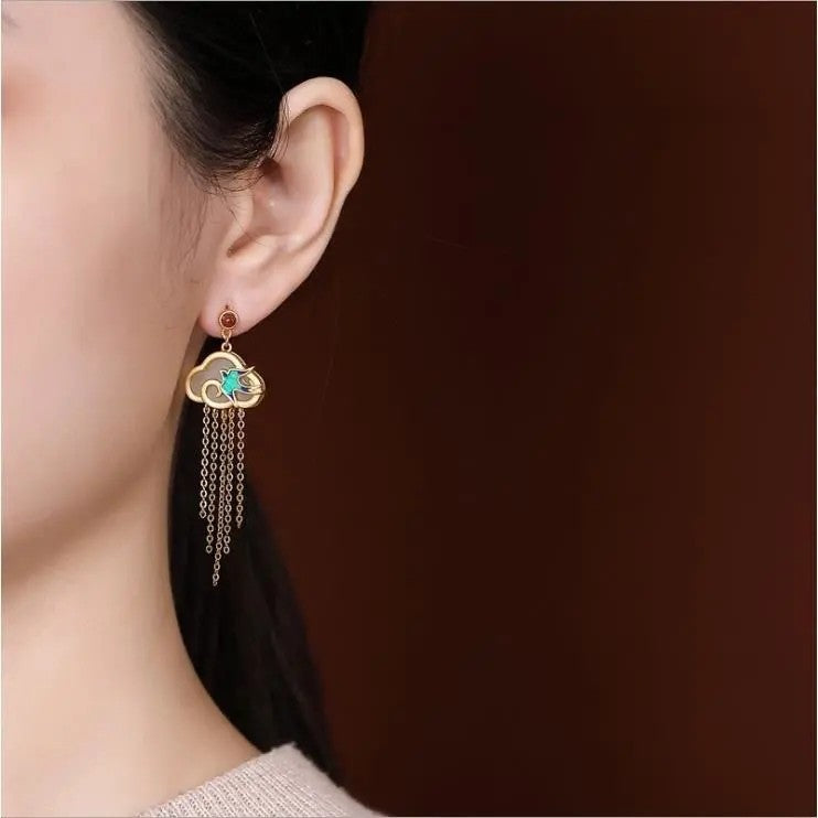 Xiangyun Swallow Gold Inlaid Jade Tassel Earrings