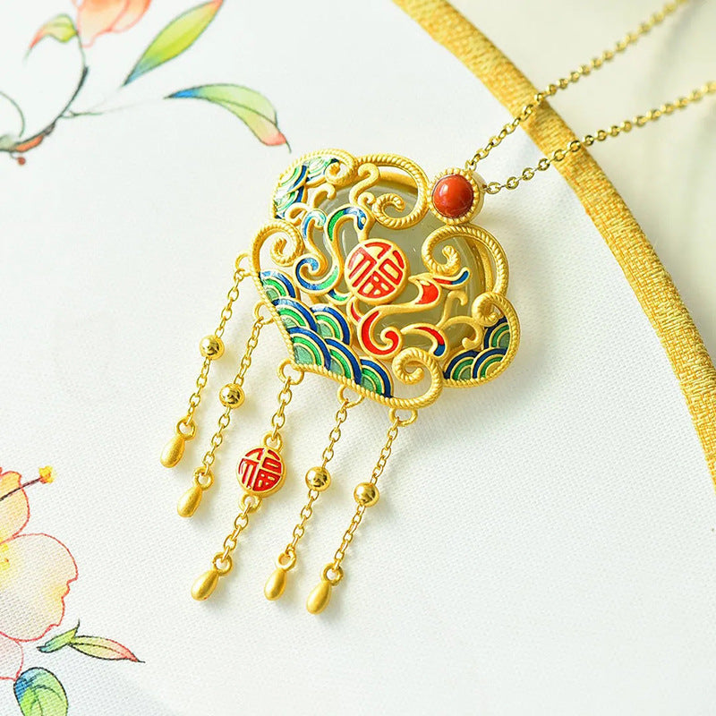 Xiangyun Phoenix Gold Inlaid Jade South Red Agate Ruyi Lock Tassel Pendant