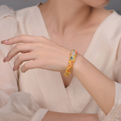 Emaille Armband mit Lotus, Glückswolken und natürlicher Hotan Jade