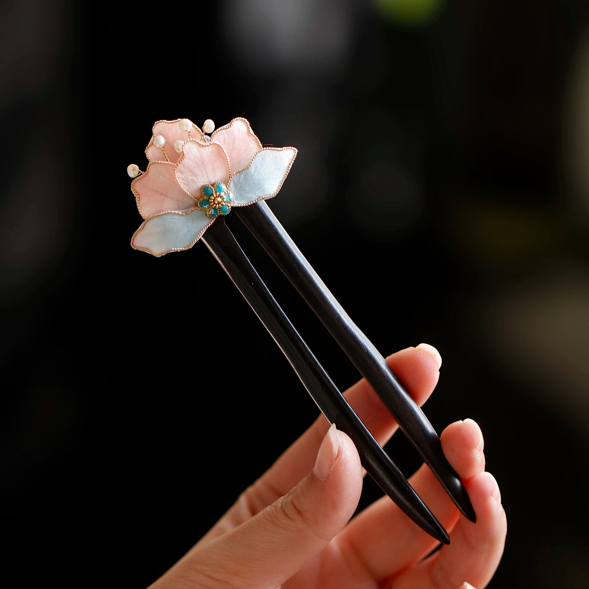 Handmade floral wooden hairpin full view