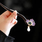 Purple floral wooden hairpin with white drop ornament