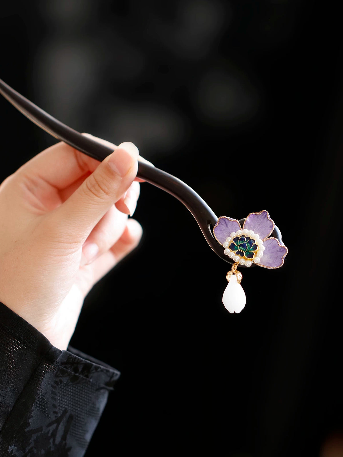 Purple floral wooden hairpin with white drop ornament