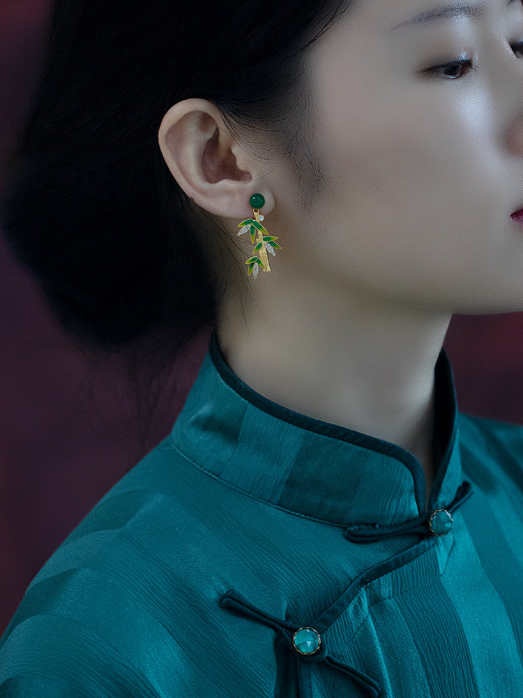 Bamboo And Bamboo Leaf Jasper Enamel Earrings - Gold Plated Copper