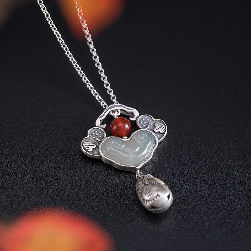 Hetian Jade Ruyi Lock Red Agate Peony Bead Pendant - Sterling Silver