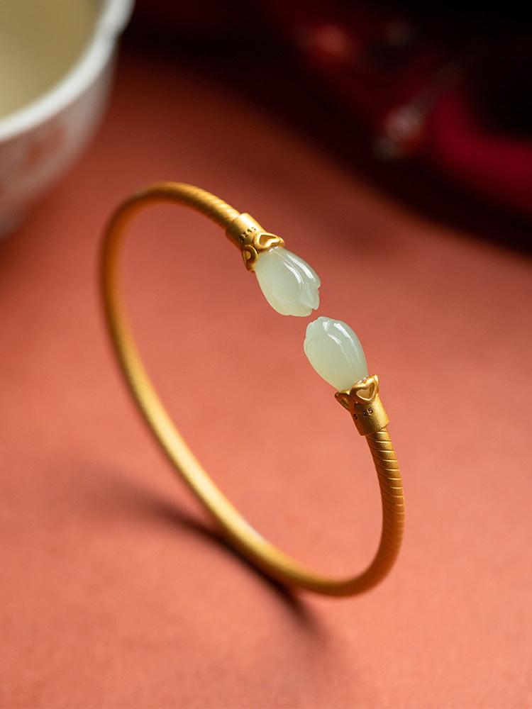 Hotan Jade Ancient Dharma Magnolia Flower Open Bracelet-Sterling Silver