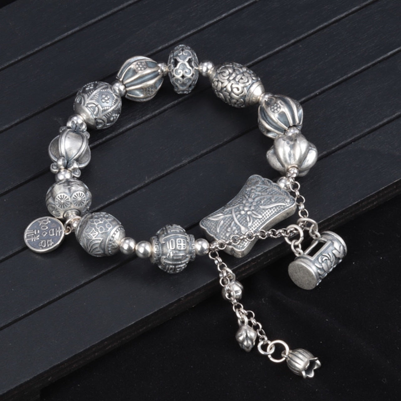 Vintage Heavy Work Pattern Round Beads Ruyi Lock Tassel Bracelet-Sterling Silver