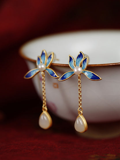 Lotus Pearl and Hetian Jade Tassel Earrings-Sterling silver